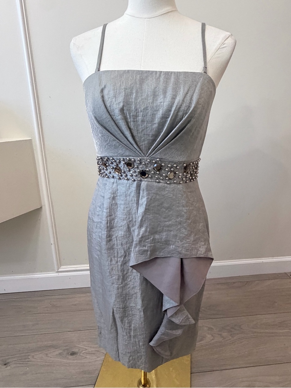 Adrianna Papell Silver Midi Dress with Lilac Ruffle & Jeweled Waistband - Picture 4 of 13